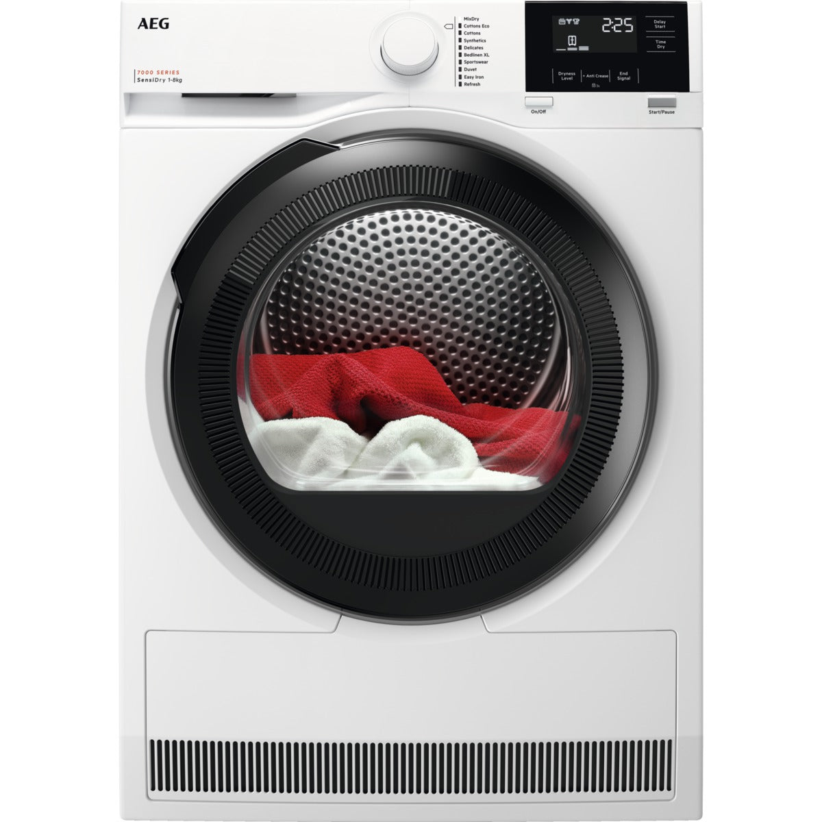 AEG White dryer with a transparent door showing red and white clothes inside, brand 'AEG' visible.