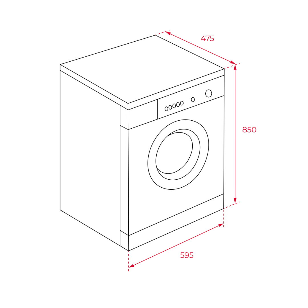 Line drawing of a washing machine with dimensions indicated.