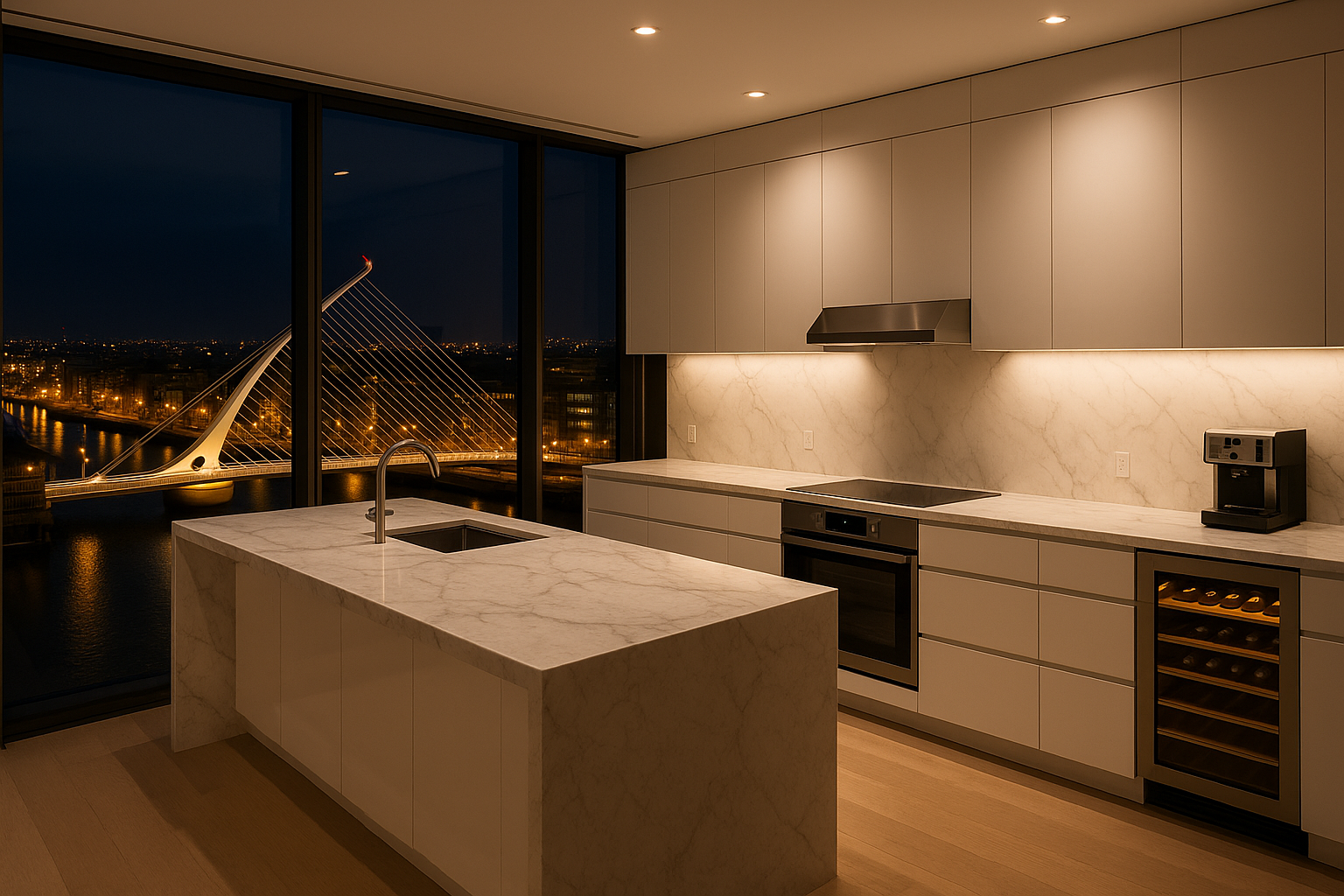 A breathtaking luxurious white marble kitchen with premium appliances at the top of a Dublin apartment with stunning Samuel Beckett Bridge night view