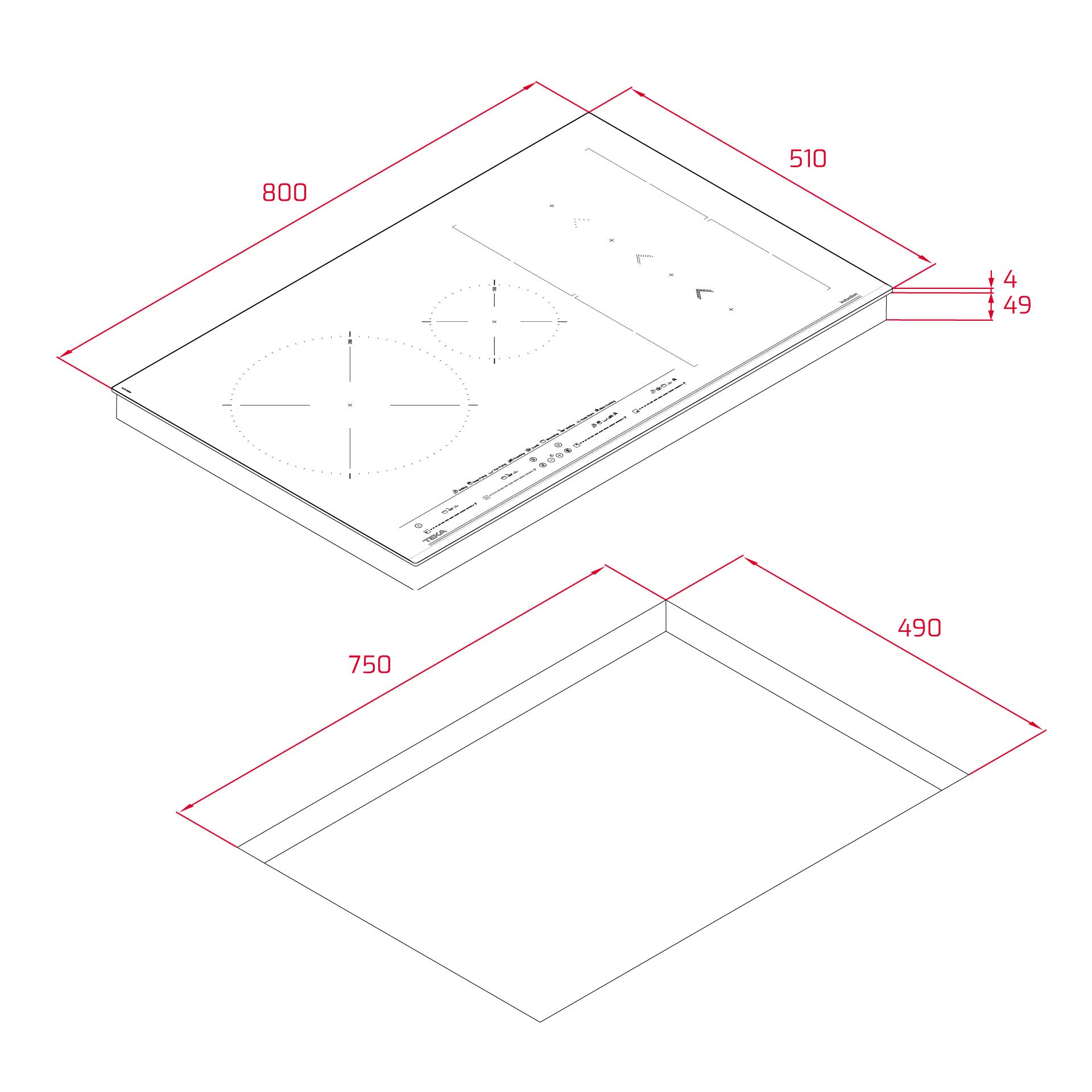 Technical drawing of a rectangular object with dimensions labeled