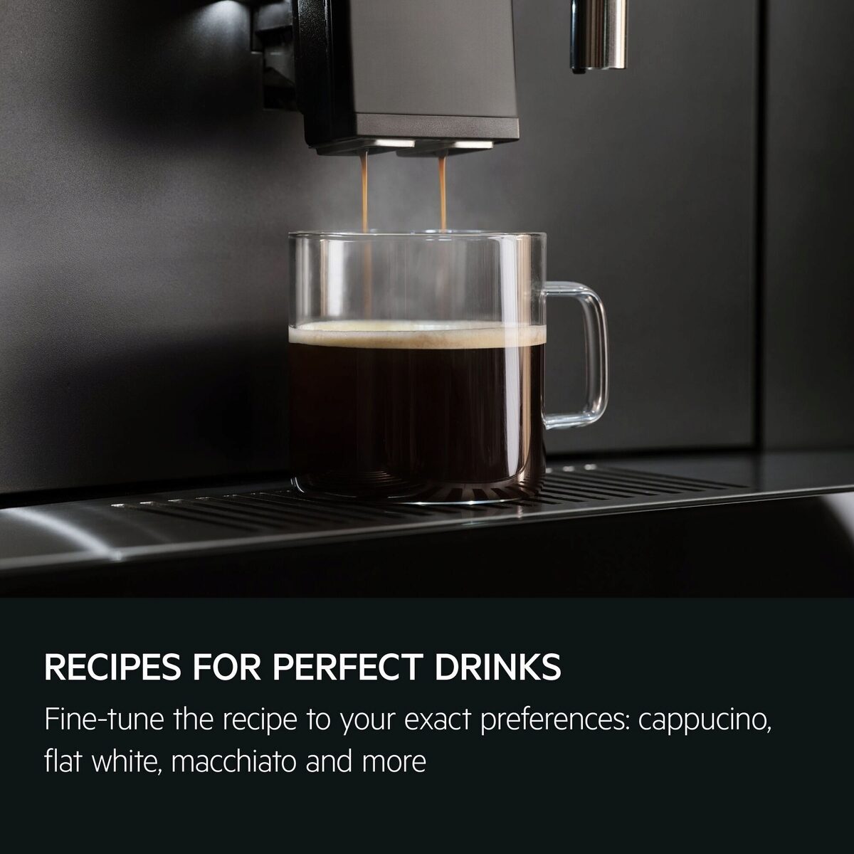 AEG Coffee machine making a cup of coffee with text about recipe options.