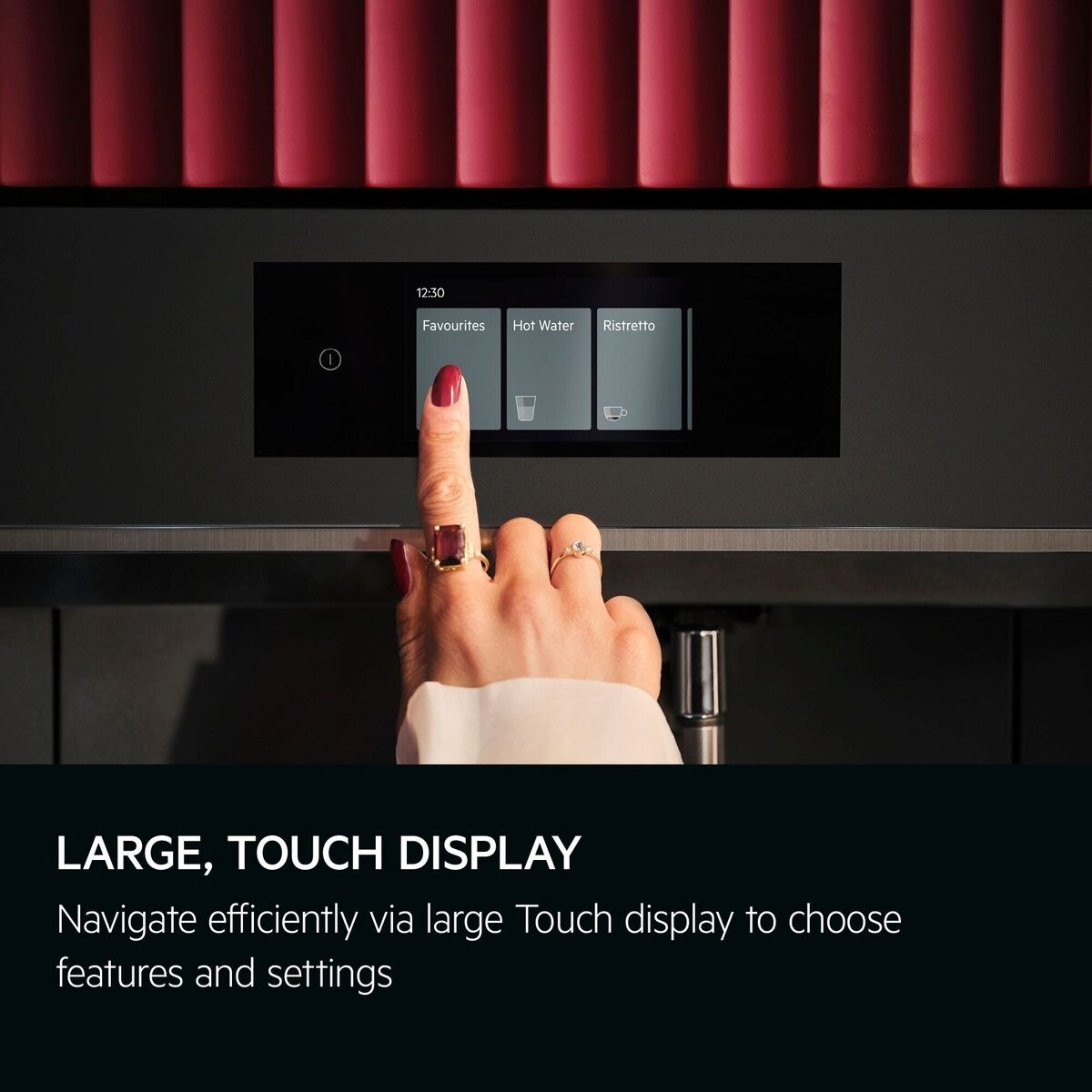 Hand interacting with a large touch display on a n AEG Integrated Coffee Machine, with text highlighting the ease of use.