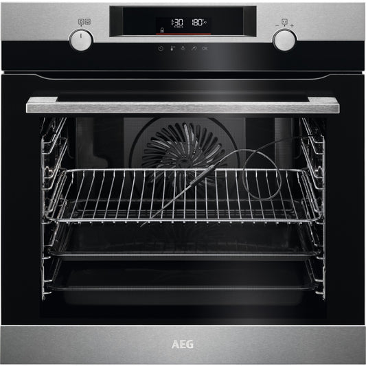 AEG oven with open door showing interior racks