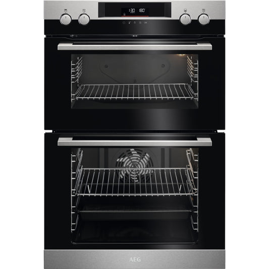 AEG double oven with digital display on a white background