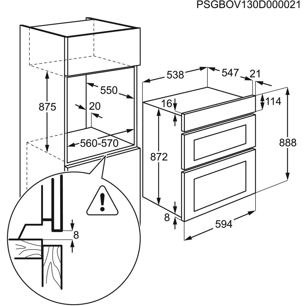 Technical drawing of a cabinet with dimensions and safety warning label