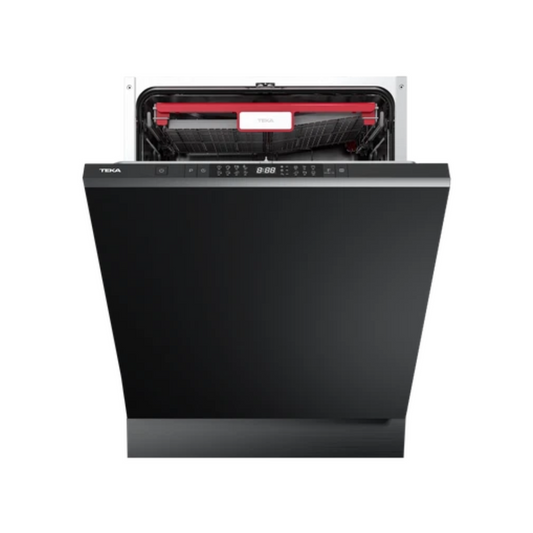 Black Teka dishwasher with open door on a white background