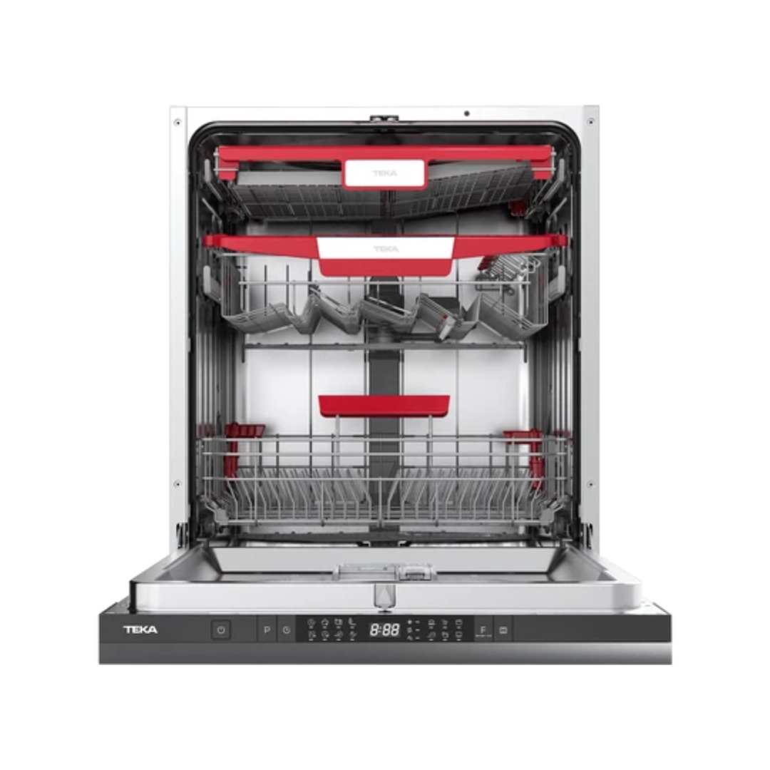 Teka dishwasher with open door showing interior racks on a white background