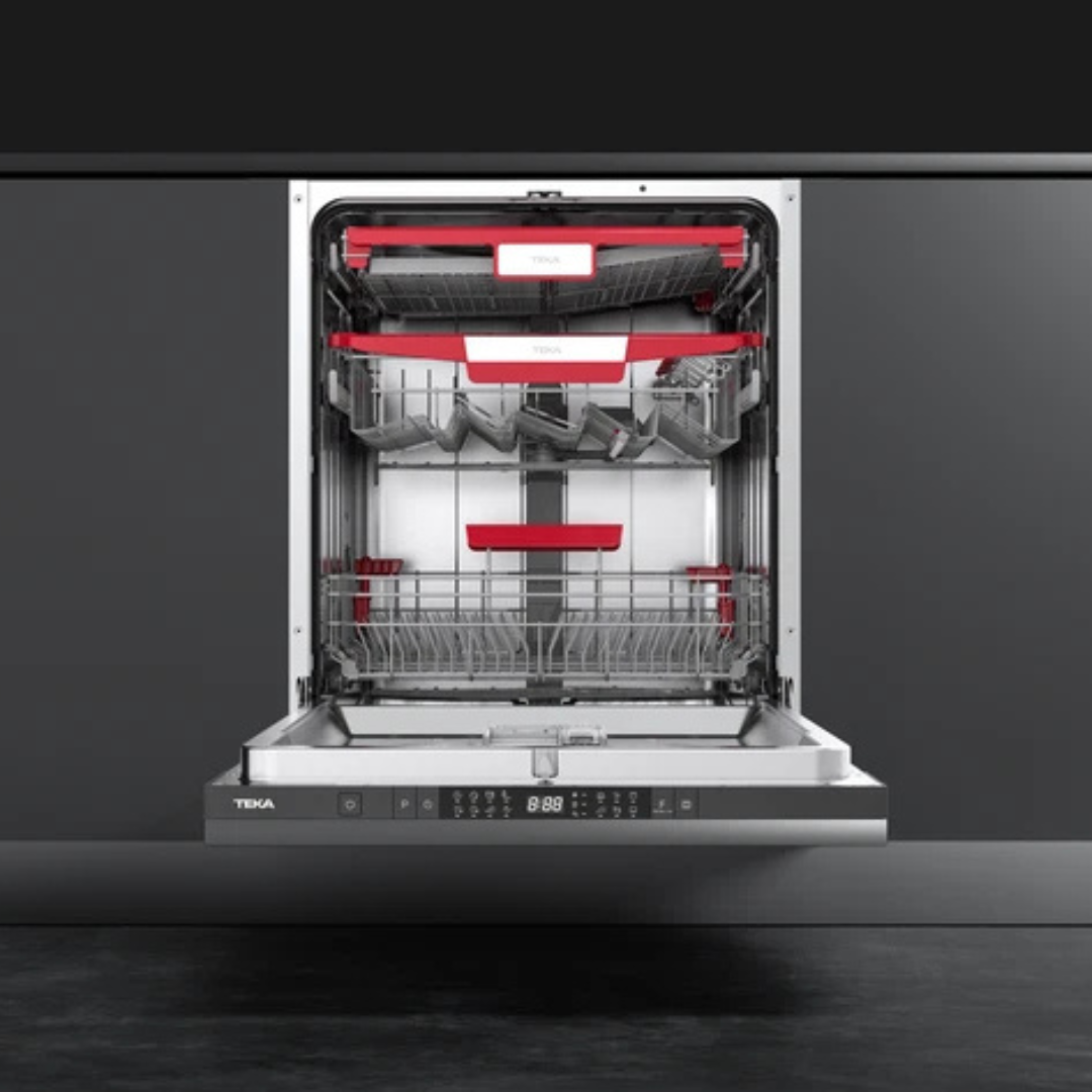 TEKA Dishwasher with open door showing interior racks on a dark background