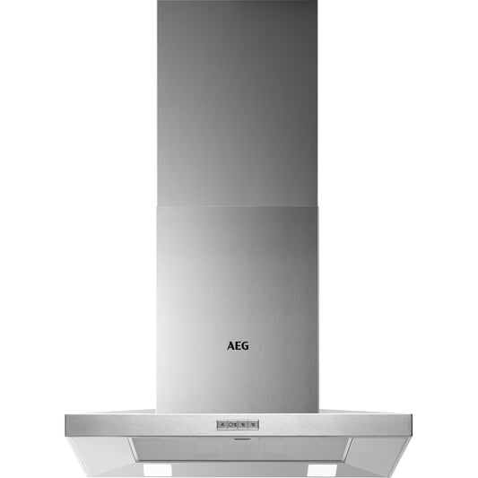 Stainless steel AEG range Chimney hood on a white background