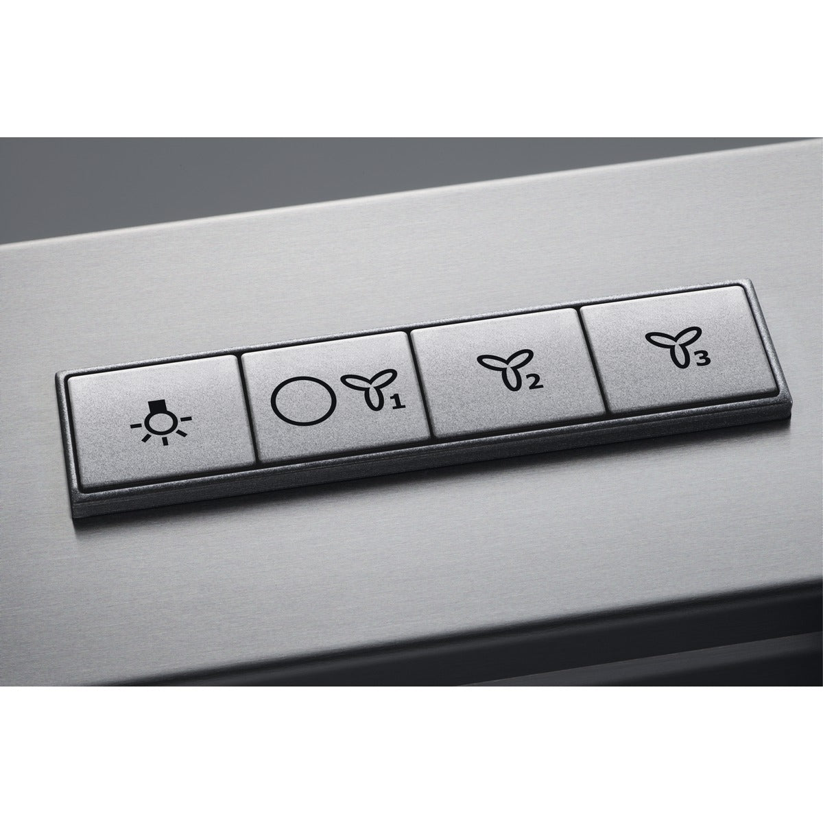 AEG Chimney Hood Control panel with symbols for light, fan, and temperature settings on a metallic surface.
