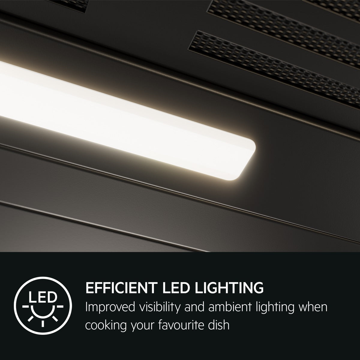 LED light strip inside an AEG Chimney kitchen hood with text highlighting efficient LED lighting.