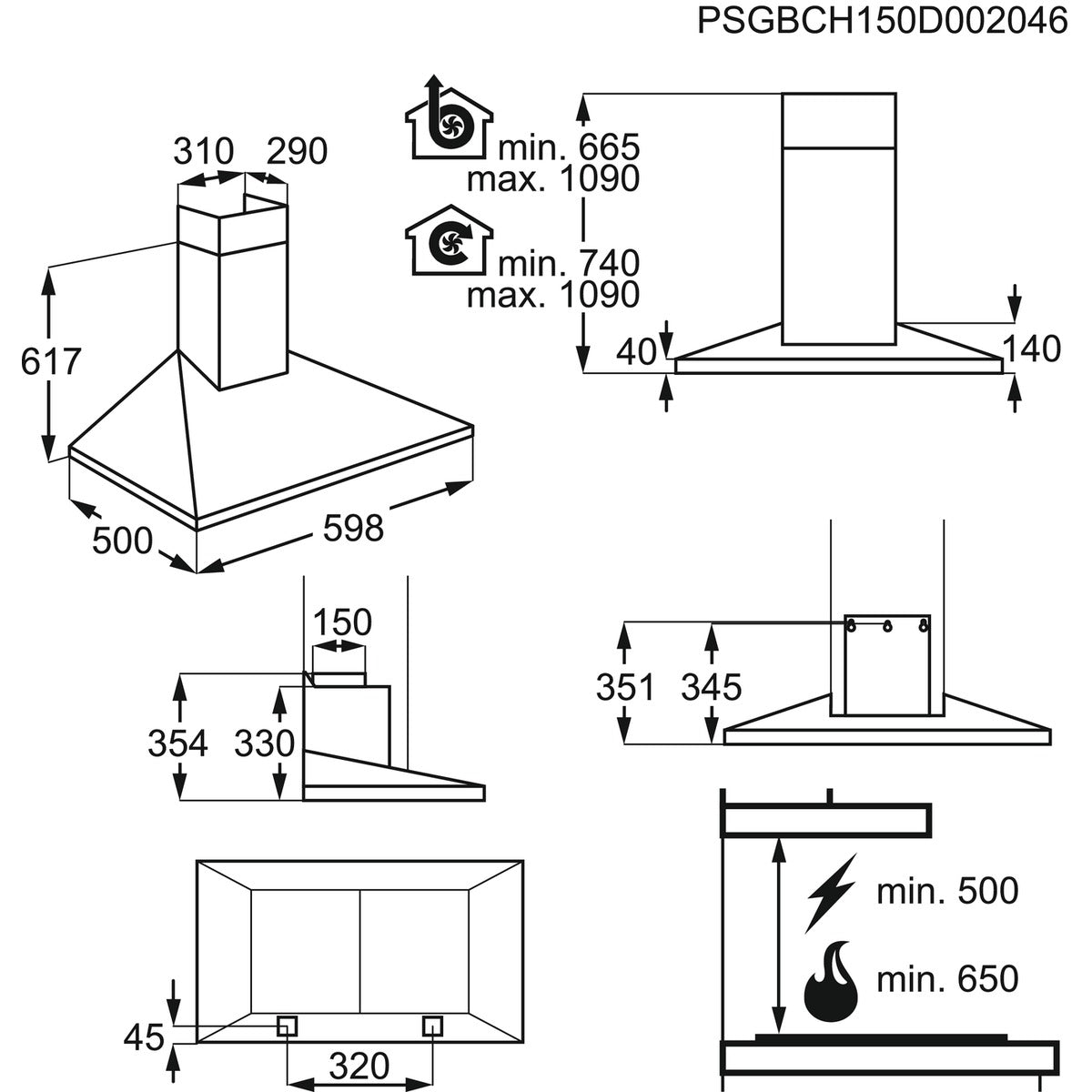 Technical drawing of a kitchen hood with dimensions and specifications