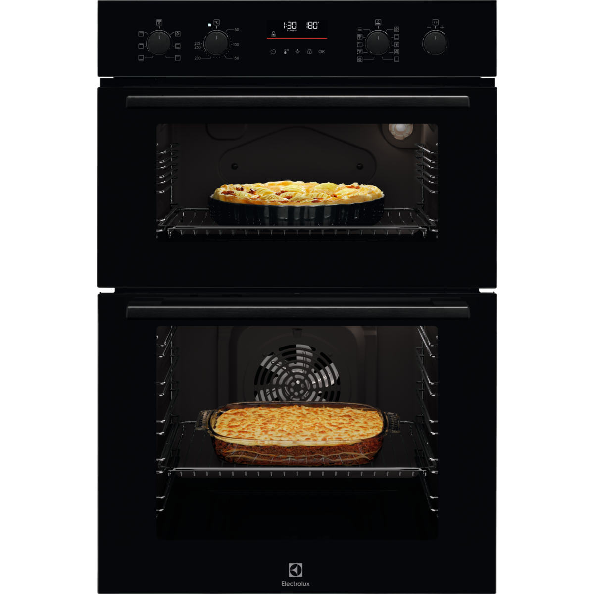 Electrolux 600 Series SurroundCook® Oven Black double oven with pizzas inside, brand 'Electrolux' visible