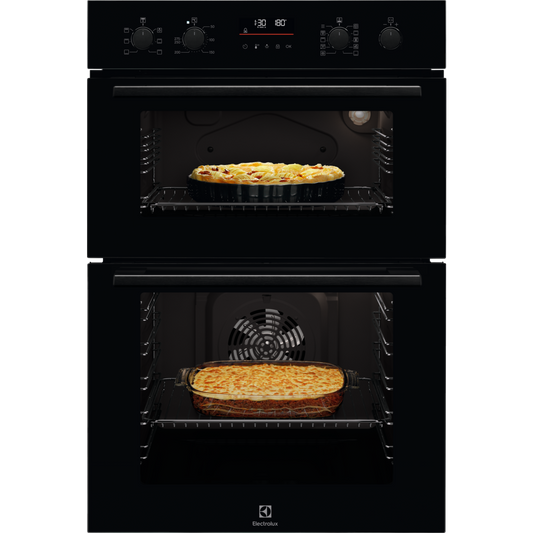 Electrolux 600 Series SurroundCook® Oven Black double oven with pizzas inside, brand 'Electrolux' visible