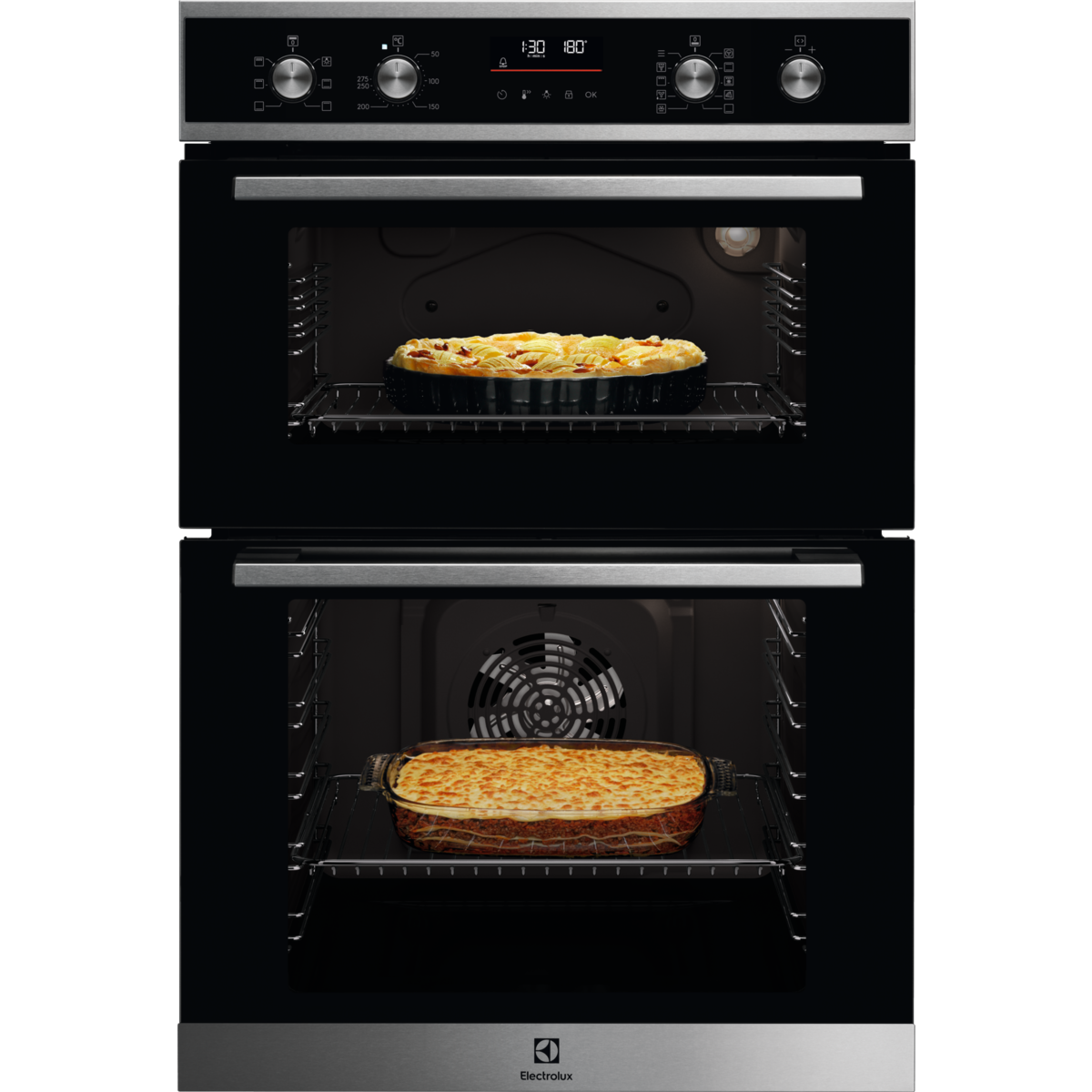 Electrolux 600 Series SurroundCook® Oven Stainless Steel oven with pizzas inside on a white background