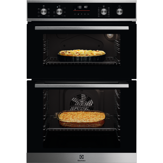 Electrolux 600 Series SurroundCook® Oven Stainless Steel oven with pizzas inside on a white background