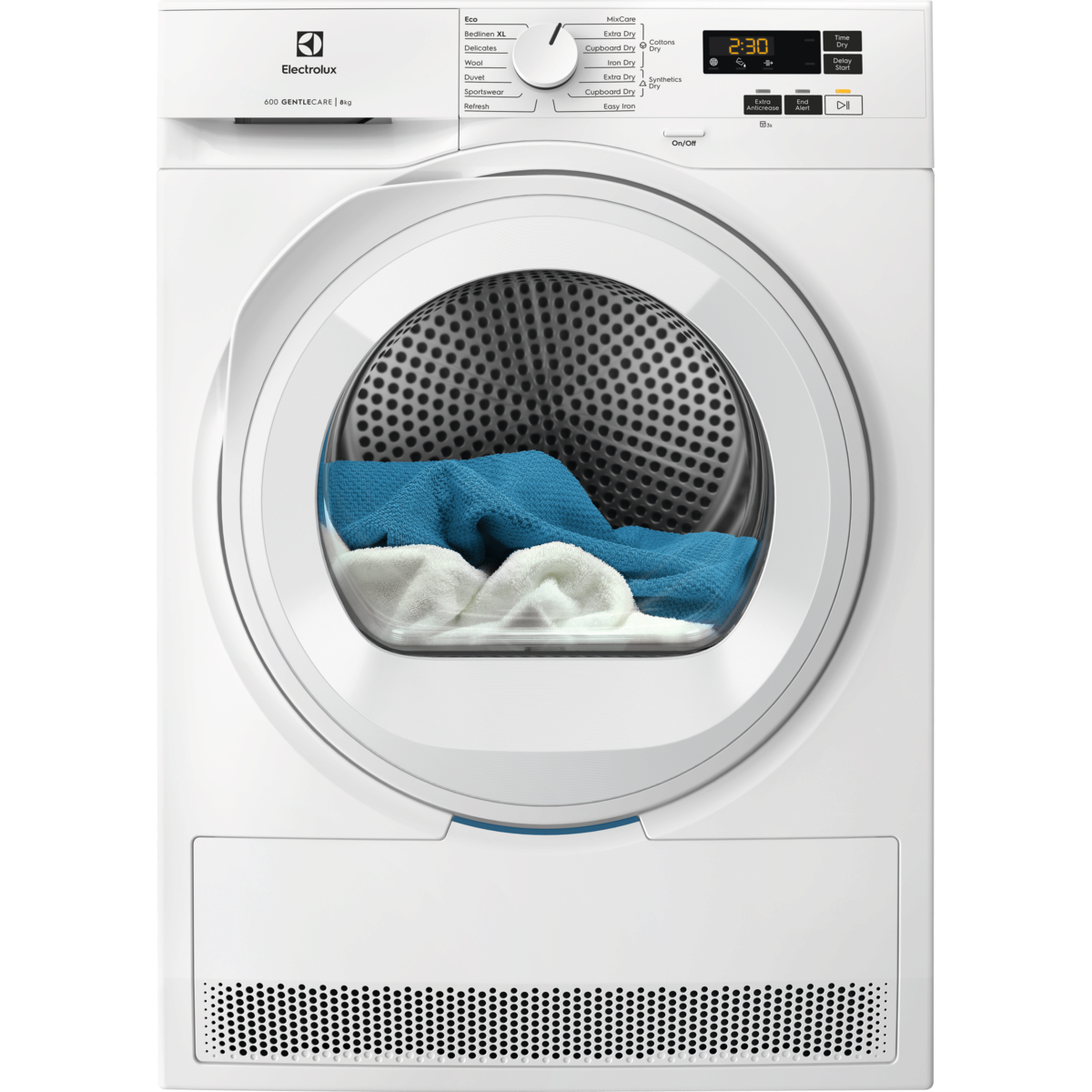 Electrolux White dryer with clothes inside on a white background