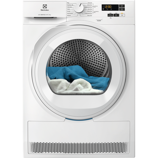 Electrolux White dryer with clothes inside on a white background
