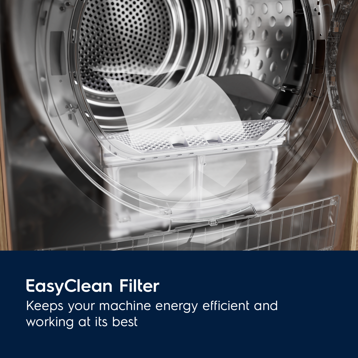 Dryer with Electrolux EasyClean Filter highlighted, showing its importance for energy efficiency.