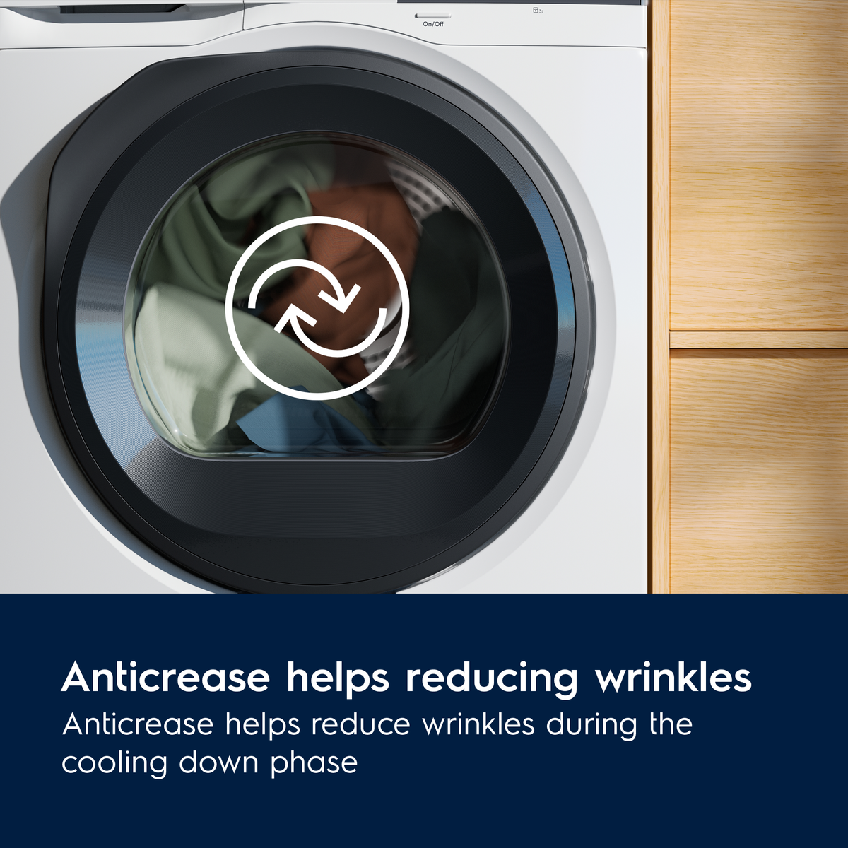 Front-loading Electrolux Dryer with clothes inside, featuring an anticrease symbol on a blue background.
