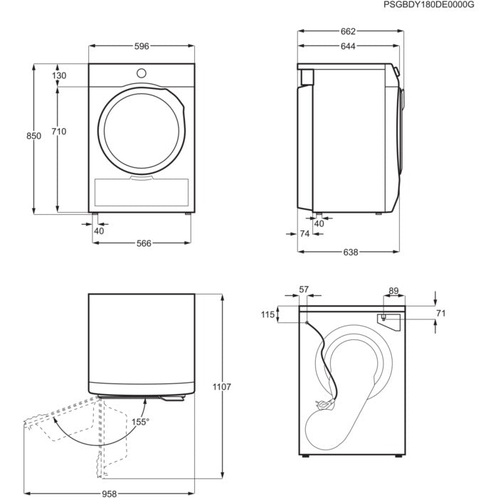 Technical drawing of a washing machine with dimensions