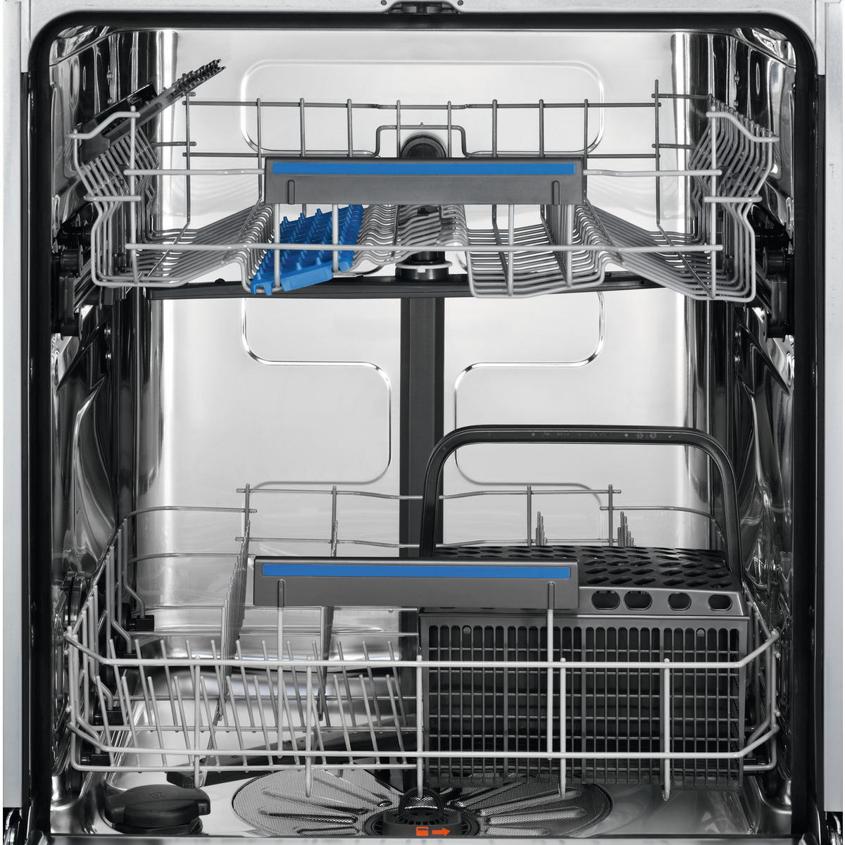 Open Electrolux dishwasher with racks and compartments