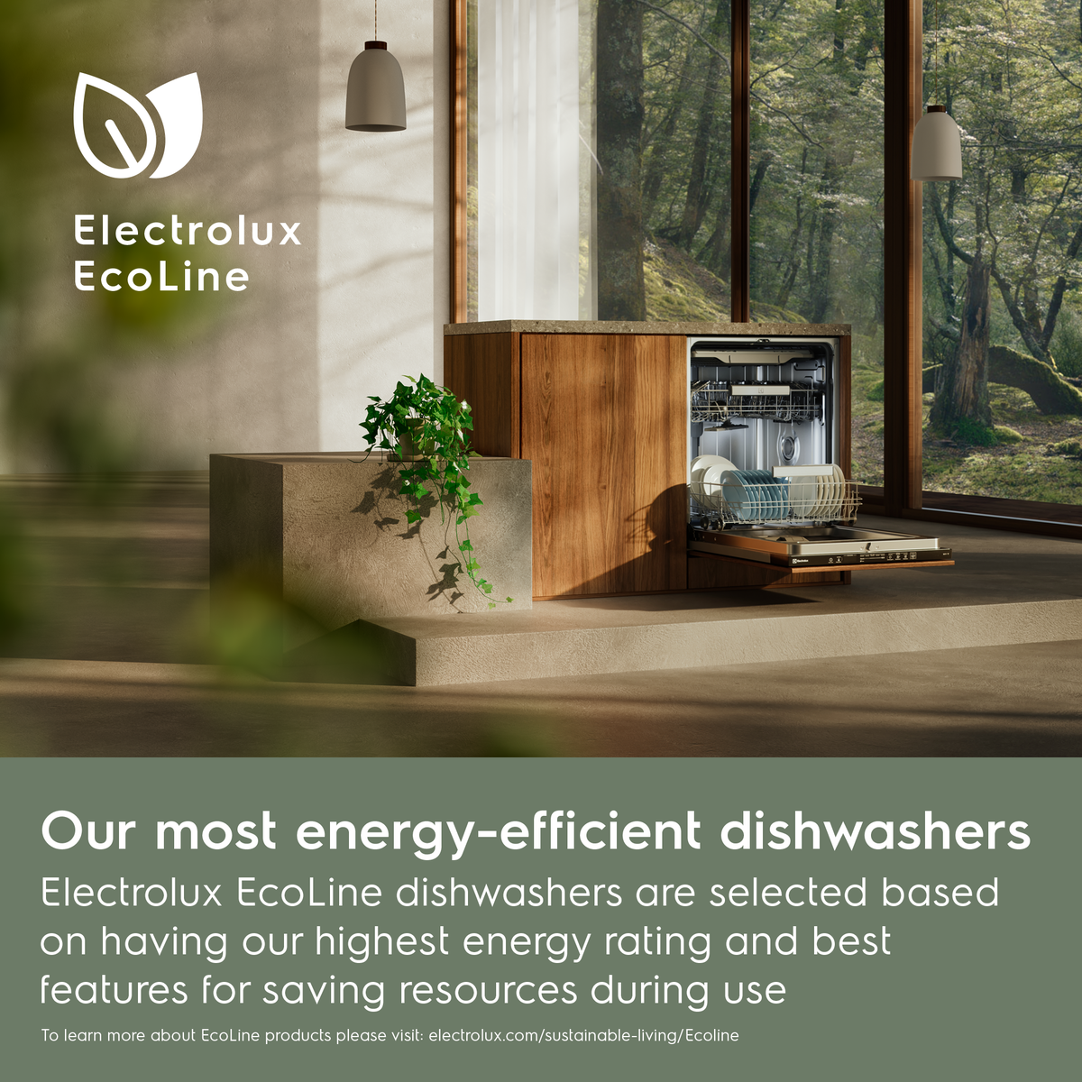 Electrolux EcoLine dishwasher in a modern kitchen with a view of nature