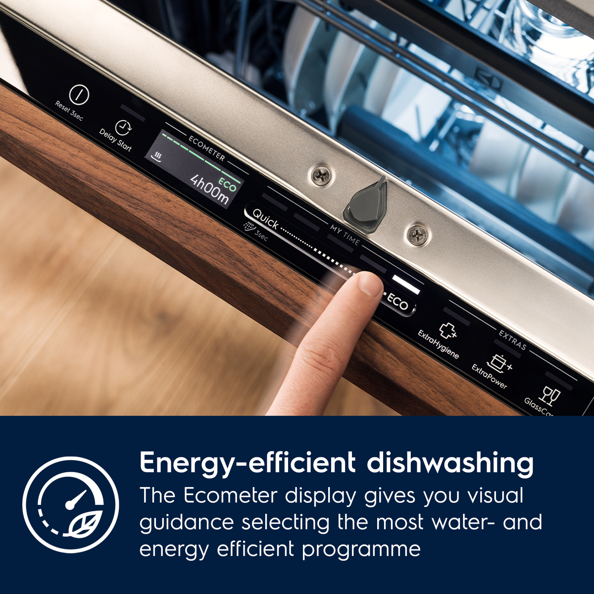 Electrolux Dishwasher with Ecometer display and finger pressing a button, highlighting energy-efficient features.