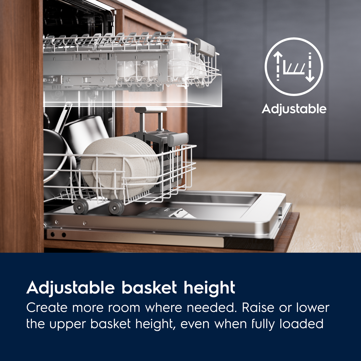 Electrolux Dishwasher with adjustable upper basket height feature, showing open dishwasher with dishes inside.