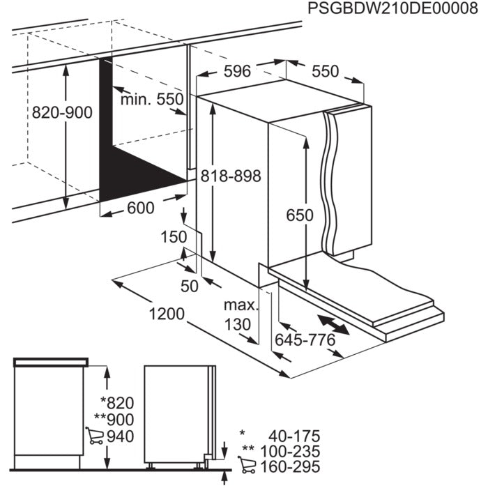 Technical drawing of a kitchen cabinet installation with dimensions