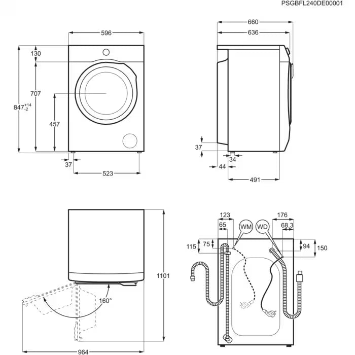 Technical drawing of a washer and dryer with dimensions