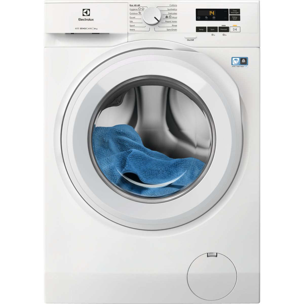 White Electrolux washing machine with a blue towel inside on a white background