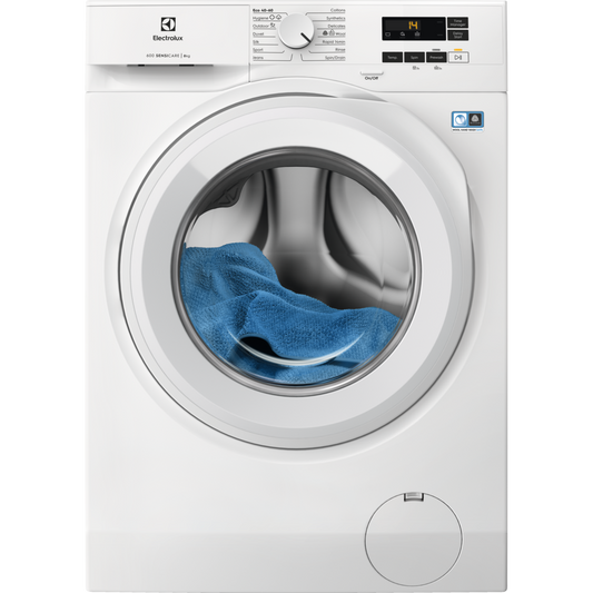 White Electrolux washing machine with a blue towel inside on a white background