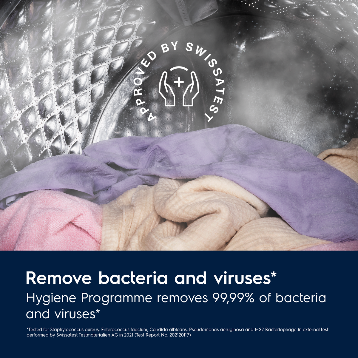 Laundry in an Electrolux washing machine with text about removing bacteria and viruses, featuring the Swissatest logo.