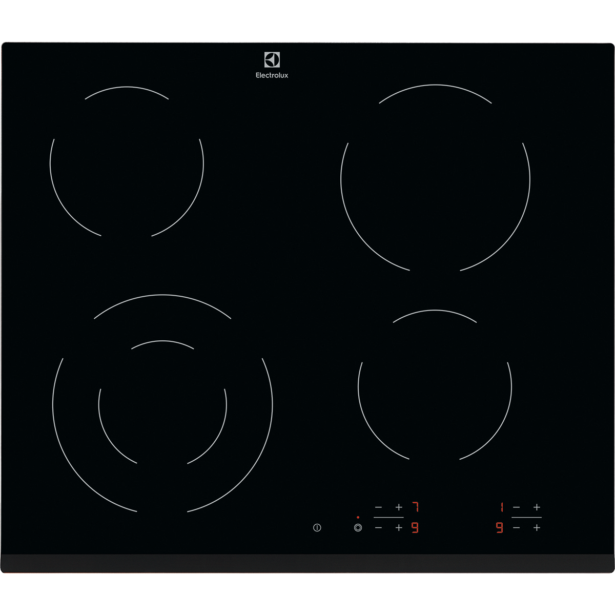 Black Electrolux Ceramic Hob with glass surface and brand logo on a white background with glass cooktop and digital controls on a white background