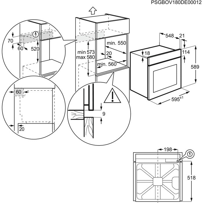 Technical diagram of a Electrolux 500 Series SurroundCook® Multifunction Oven with dimensions and installation instructions.