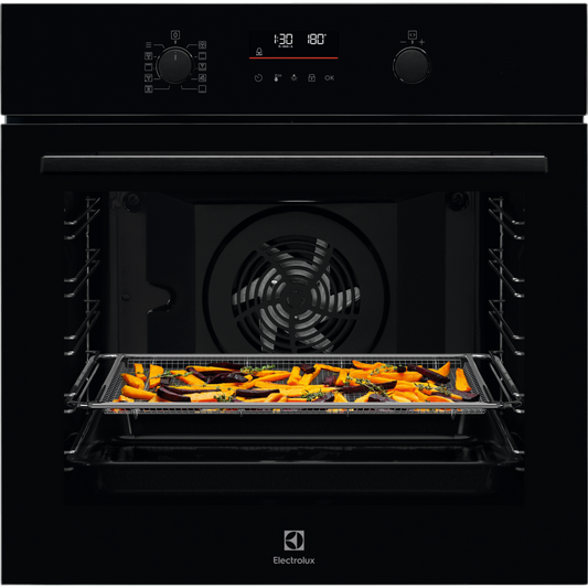 Electrolux Black AirFry oven with food inside, brand 'Electrolux' visible