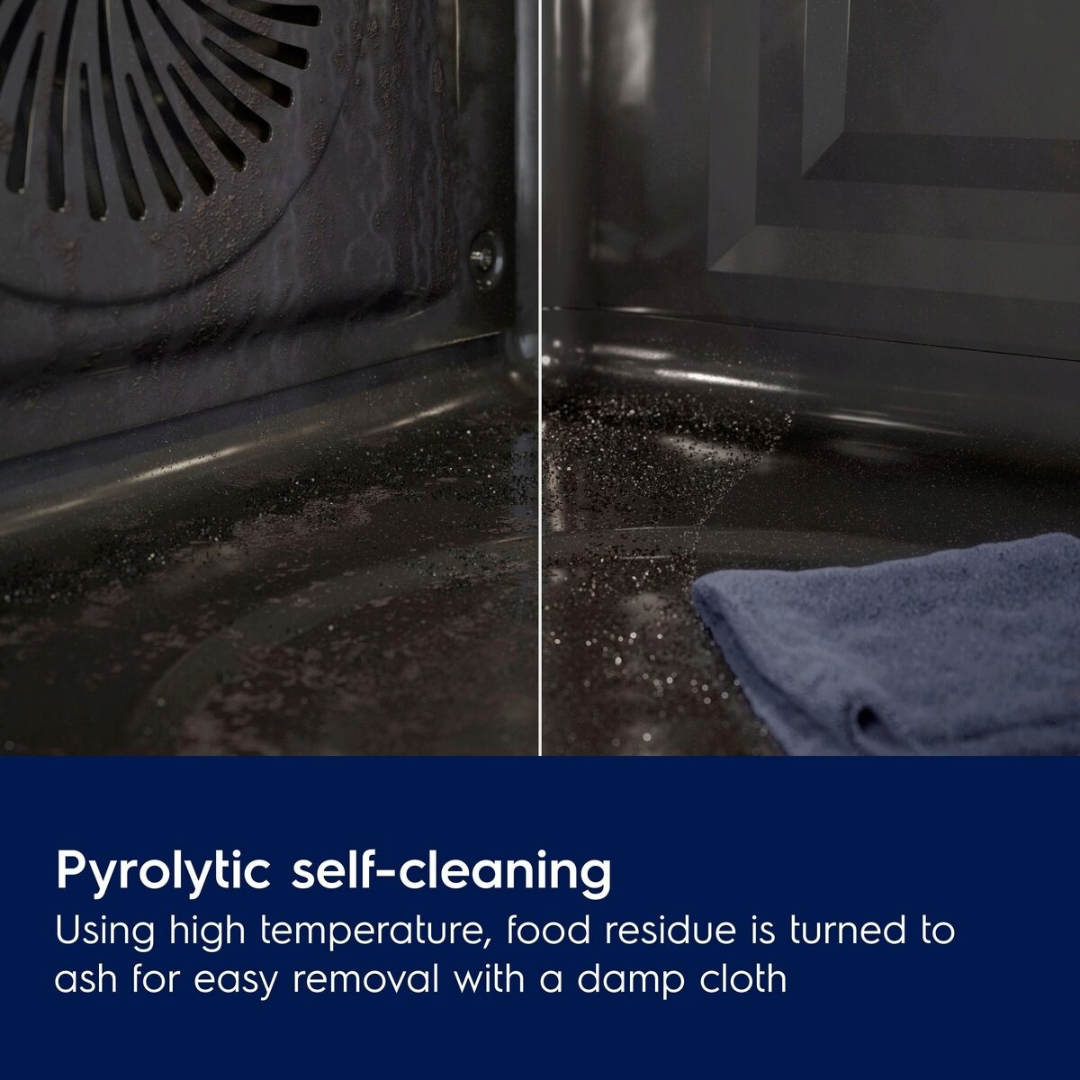 Electrolux Pyrolytic self-cleaning feature of an oven with text explaining the process.