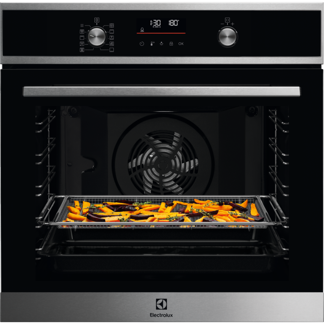 Electrolux AirFry oven with a tray of food inside, showing the brand name.
