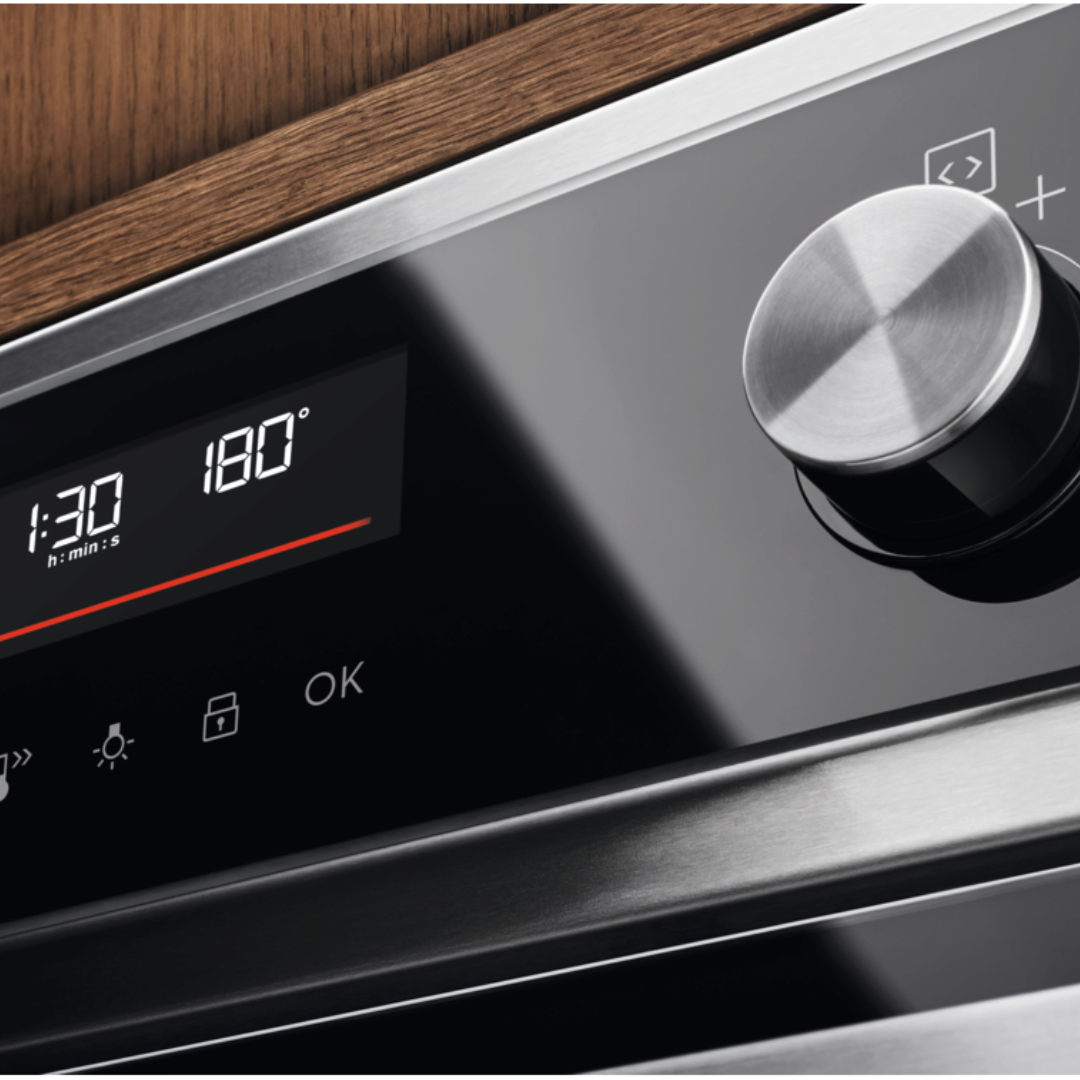 Electrolux Stainless steel oven control panel with digital display and knob