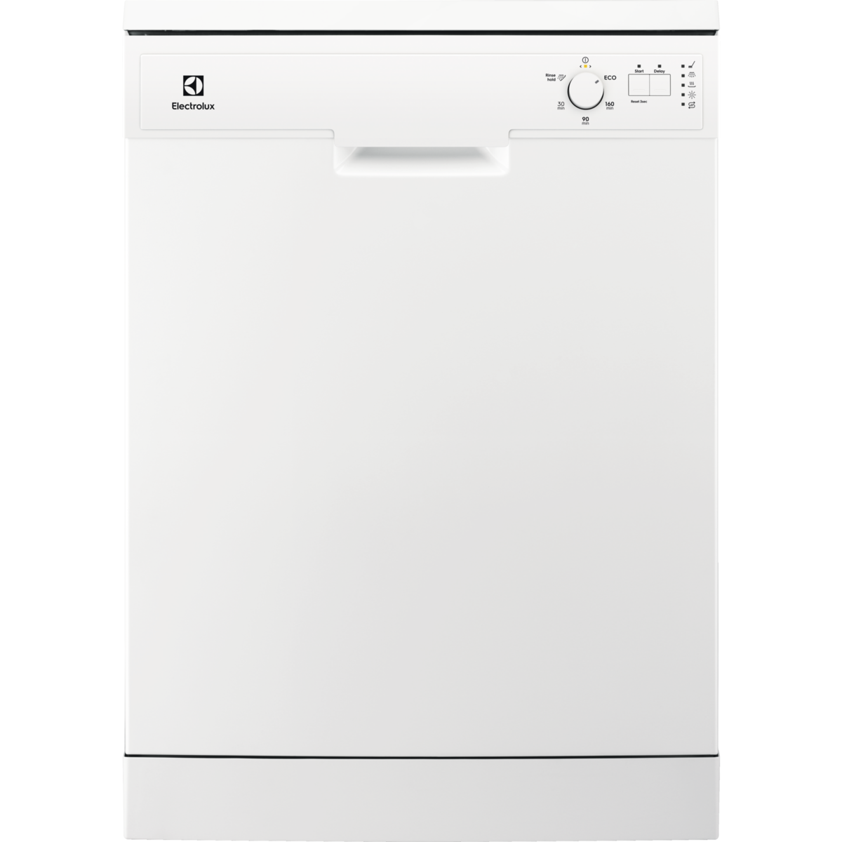 White Electrolux dishwasher with Electrolux logo on a white background