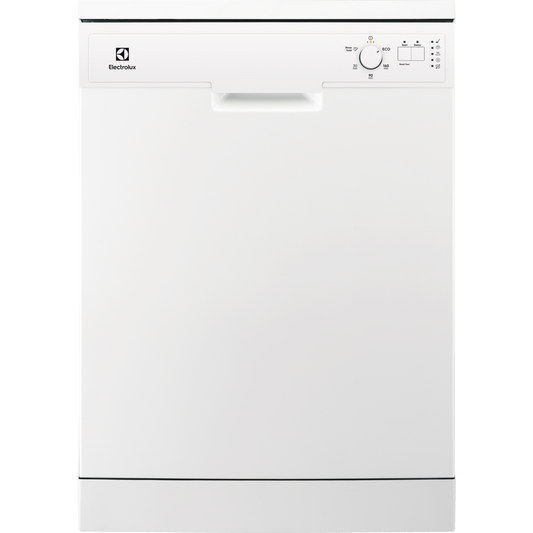 White Electrolux dishwasher with Electrolux logo on a white background