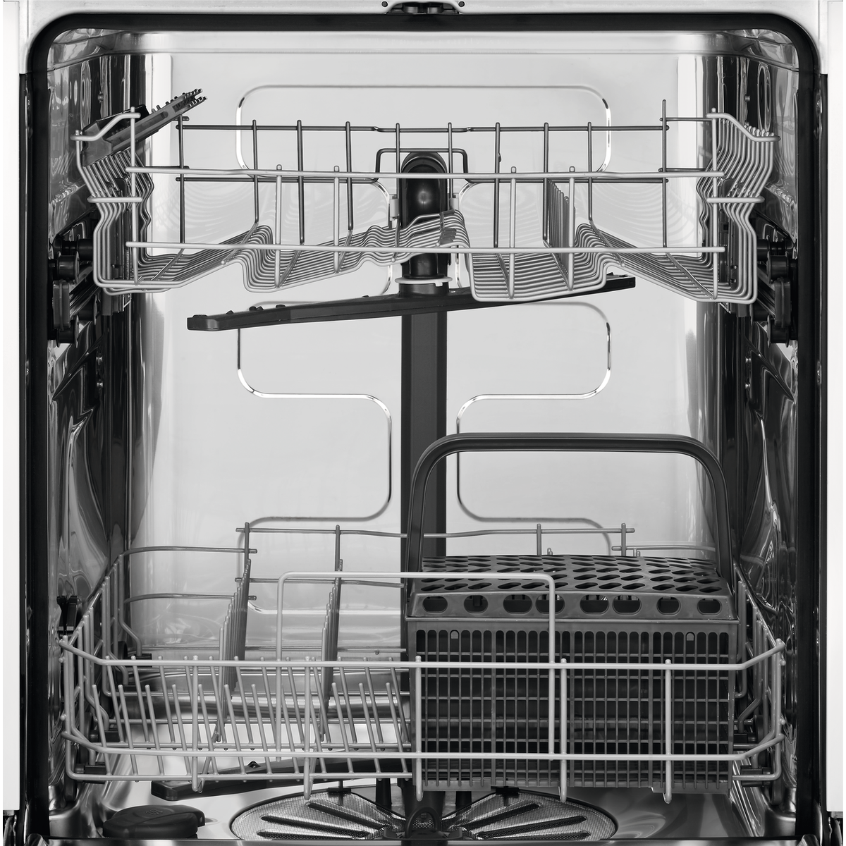 Open Electrolux dishwasher with racks and compartments