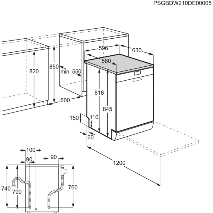 Technical drawing of a kitchen cabinet with dimensions
