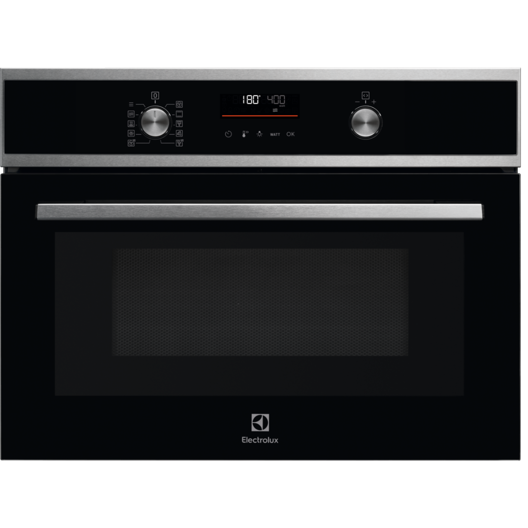 Electrolux 600 Series CombiQuick® Microwave and Built-in Oven Stainless Steel  with digital display on a white background