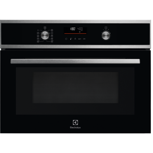 Electrolux 600 Series CombiQuick® Microwave and Built-in Oven Stainless Steel  with digital display on a white background