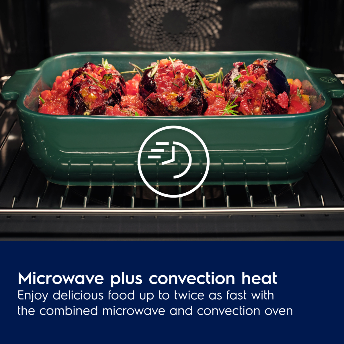 Green microwave and convection oven with food inside, featuring a logo and text about combined heating.