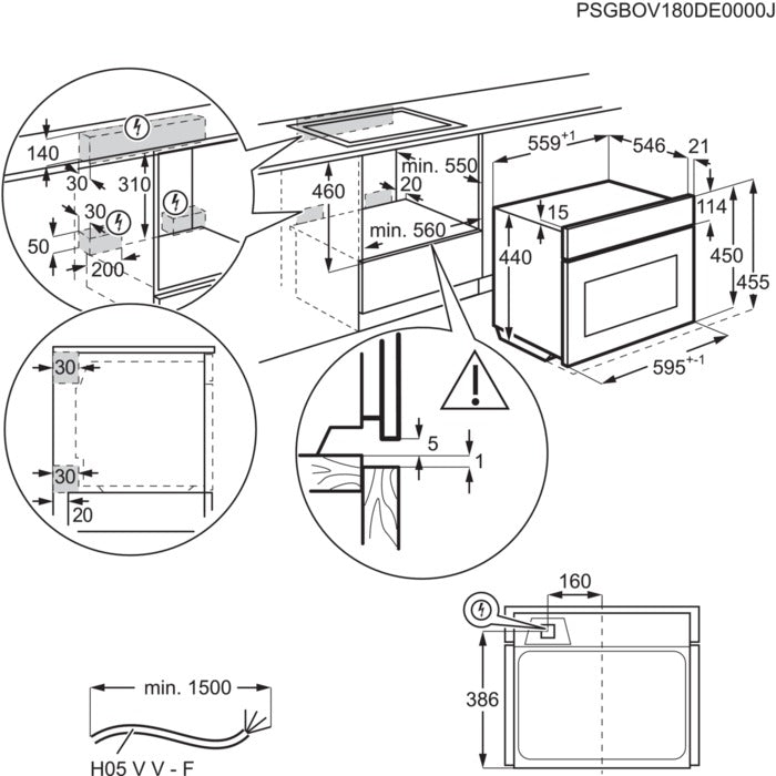 Technical drawing of a Electrolux 600 Series CombiQuick® Microwave and Built-in Oven Stainless Steel appliance installation with dimensions and details.