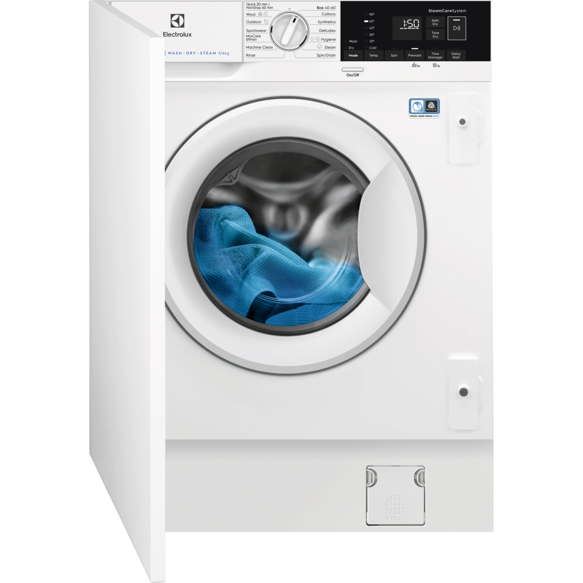 White Electrolux Washer Dryer machine with blue laundry inside on a white background
