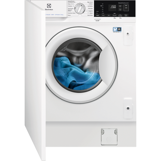 White Electrolux Washer Dryer machine with blue laundry inside on a white background